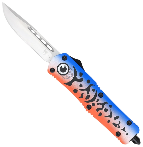 Picture of Cobratec Knives Fs-3 Blue Lure Medium 3" Otf Drop Point Plain D2 Steel Blade 4.50" Blue Fishing Lure Aluminum Cerakoted Handle Includes Glass Breaker/Pocket Clip 