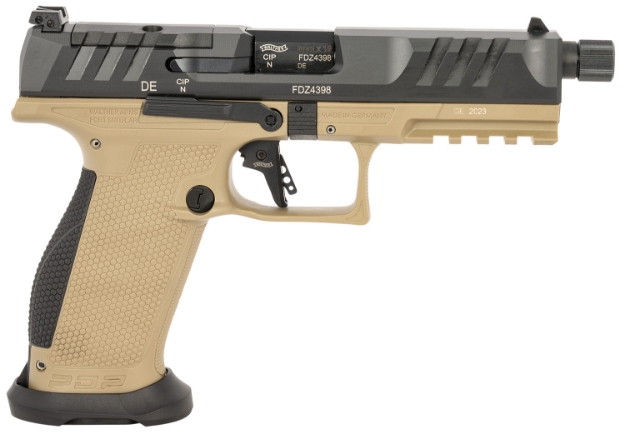 Picture of Walther Arms 2876582 Pdp Pro Sd 9Mm Luger 18+1 5.10" Threaded Barrel, Black Optic Cut/Serrated Slide, Fde Polymer Frame With Pic. Rail, Performance Duty Grip, Flared Magwell 