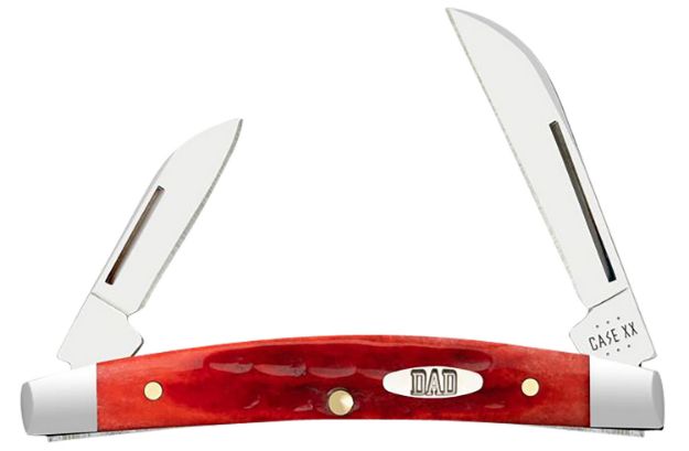 Picture of Case 10620 Father's Day Pocket Worn Old Red Bone Small Mirror Polished Blade/Bone Handle Features "Dad" Engraved On Knife Includes Gift Tin 